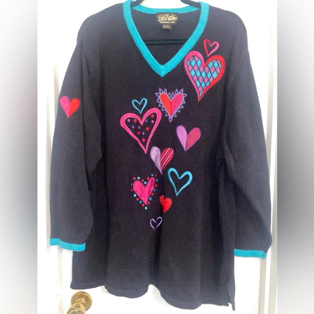 Bob Mackie Vintage Black and Teal Sweater‎ With Embroidery and Appliqué